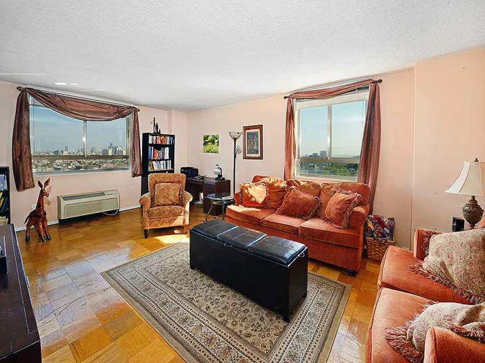 Highly sought after 2 bdrm, 2bth corner unit w. panoramic NYC views. The undisturbed location of this line makes it one of the most popular. 1095sf of bright living space, privacy from every window, private balcony. Kitchen features full appliances, mosaic backsplash, ceramic flooring. Master bdrm w. updated en-suite bath. Second bdrm has NYC & southern harbor views, full closet. 40%income to debt ratio. 10% down, 1 dog, 35lbmax. Parking for fee. 24-hour concierge service, outdoor pool, shuttle to PATH