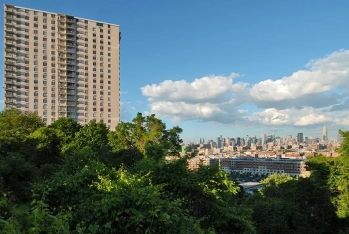 Welcome home to this 2 bed/2 bath apartment with NYC skyline views in a full service building. Enjoy the seasonal pool, on site deli, dry cleaner, community room, 24 hr concierge, gym. Maintenance includes taxes, utilities, HOA. Parking $150/mo, free AM PATH shuttle. Pets ok - strict 35lb limit 1 dog, cats ok. Close to bus, light rail, shopping, parks, schools. Great value and convenience!