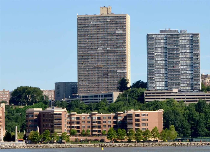 Large one bedroom unit in desirable Riviera Towers complex. Impeccably maintained building and grounds. Dining room has been converted to second bedroom. Hudson River views from 172 SF private balcony. On premises Pool, Gym and Community Room. NYC transportation at door. Reserved garage parking available. Monthly fee covers all utilities and real estate taxes. Call today!