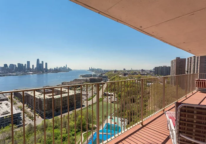 Million dollar view for only $400K! Welcome to Riviera Towers where this 2 br 2 bath corner home not only has the most breath taking PANORAMIC VIEWS of NYC and the Hudson River that will leave anybody breathless but is flooded with light as it faces south east. Large living and dining area gives you the space you deserve for relaxing and entertaining. Did you say you like the outdoors..great because this home has an oversized 200 SqFt terrace. Both bedrooms are large and easily fit king size beds plus there is a lot of closet space. Bldg features 24 hr concierge, pool, gym and on-site parking available for extra fee. Maint fee includes your taxes, gas, electric, heat, ac, water and hot water. Photos are virtually staged and showing how magnificent your home can be with some tlc