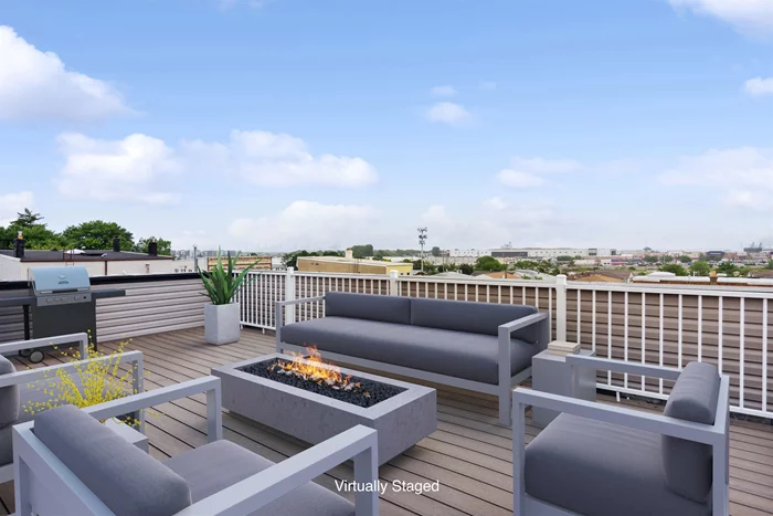 Rare opportunity to own a beautifully crafted brand new construction home in Bayonne with a large Private roof deck terrace that offers Panoramic NYC View! This upscale modern 3 Bedroom/ 2 Bathroom condo offers beautiful finishes and top of the line design. Hardwood floors throughout, extended 9 foot high ceilings that have an ambiance lighting system installed in the ceiling of the living room and lots of natural light The chef's kitchen offers spacious custom cabinetry, modern finishes, top of the line stainless steel appliances, beautiful waterfall island with quartz countertop that compliments the open concept layout, washer/dryer, balcony and 1 deeded parking space! Conveniently located a few blocks to bus and light rail to/from NYC, Costco, Walmart, Home Depot and other shopping/stores. Don't miss this amazing opportunity!