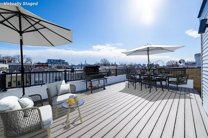 Explore this recently constructed condo with a boutique-style ambiance at 234 Webster Ave, Unit 2R. Boasting two (2) bedrooms, two (2) bathrooms, and a large 530+ square foot private rooftop oasis with breathtaking views of the NYC skyline and Riverview-Fisk Park. Situated in the coveted Jersey City Heights neighborhood, the Webster Residence offers top-notch appliances and finishes, including brand-new stainless steel appliances, central air and heat, and a brand-new washer and dryer in the unit. Enjoy the spaciousness with impressive 14-foot ceilings and modern black custom windows that flood the home with natural light. Thoughtful design is evident, with custom-built Chanel-inspired closets, elegant quartz one-piece backsplash with countertops in the kitchen, and real oak wood European-style stairs. The bathrooms feature innovative fixtures, upgraded hardware, and an amazing shower experience. Upgraded tile finishes, floor-to-ceiling tiling, and a clean coat of high-end frameless shower glass doors. Experience tranquility with exceptional soundproofing, minimizing noise transmission between floors. The prime location is nestled between Palisade Ave and Central Avenue, within walking distance to Corto, Riverview Wine and Spirits, The Franklin, Bread & Salt (top pizzeria in Jersey City), Lo-Fi Bar, and Dulce De Leche Bakery. Close to great locations such as Jersey City Mural, Hudson River Waterfront Walkway, Trader Joe's (10 minutes), and shopping along Central Avenue. The Jersey City Heights neighborhood is very close to the Holland Tunnel, Home Depot, and Newport Center Mall, providing easy access to major bus lines and the Congress St light rail and 2nd St light rail, offering a convenient and direct route to NYC. Total Area: 1459.90 sqft (including rooftop, staircase, and entire floor).