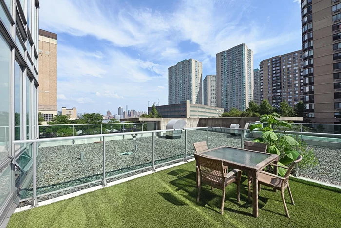 Welcome home to a one-of-a-kind South-facing home, 1160sqft 2br/2ba, with a spacious patio in the luxurious Shore South waterfront complex. Enjoy the Manhattan skyline and Hudson River views from your home. Floor-to-ceiling windows provide tons of natural light that gleams off the new hardwood floors across the entire home. Updated spacious bedrooms come with new blinds. The kitchen has new stainless steel appliances, a granite countertop, a breakfast bar, and new flooring. Bathrooms have been updated with stylish vanities. The building offers a 24/7 concierge, gym, sauna, Jacuzzi, children's room, and roof deck. Short distance to Hoboken & Newport PATH. Morton Williams marketplace on the ground floor.