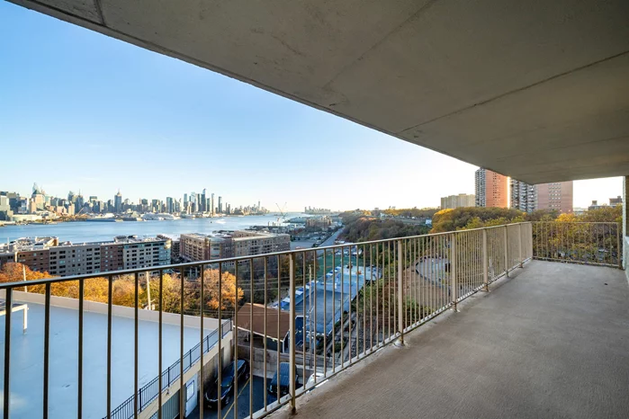 Enjoy the sweeping city views from this 2 bedroom 2 bath CORNER unit at Riviera Towers! Over 1400 square feet, plenty of room to create the home of your dreams in West New York. The open floor plan living and dining space has massive windows providing incredible western light to the whole unit, and a door with access to the expansive private covered terrace with panoramic views of the Hudson River and Manhattan Skyline. The primary bedroom has an en suite bath, spacious walk in closet and separate double wide closet as well. The second bedroom is perfect for an office or guest bedroom, also has a double closet and gorgeous views. All this is part of an incredible community at Riviera Towers, where you will enjoy access to the rooftop pool and other amenities including a doorman, security, an elevator and a wash/dry room on every floor. Garage parking, gym membership and storage space are also available for an additional fee. Enjoy an easy commute to Manhattan, door to door to Port Authority in under 30 minutes!