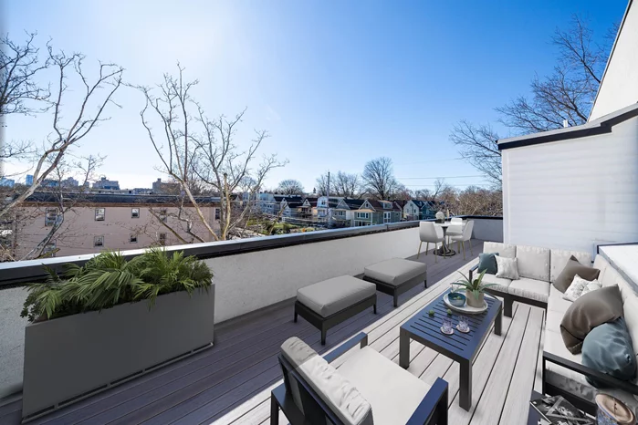 Priced to Rent! Welcome to this stunning and sunlit new construction (never lived in) duplex with two private outdoor spaces located directly across from Lincoln Park! This apartment offers southern exposures that floods the space with sunlight throughout the day and has NYC views from the private expansive 375 sq ft roof deck! The 2 bed, 2 full bath unit features an open layout with views of the park, south facing oversized custom windows, soaring 9' high ceilings and elegant hardwood floors creating an inviting atmosphere. Access the private balcony attached to the master bedroom via French doors that overlook the tranquil backyard. Modern touches include central AC, Samsung stainless steel appliances, intercom, quartz countertops, soft close cabinets and in-unit full size washer/dryer. Finding street parking is a breeze in this area and close proximity to Journal Square/NYC transportation makes city living even more convenient. Once you step outside this modern brick building you will find yourself in Lincoln Park that offers a plethora of amenities, including a running track, tennis courts, BBQ/picnic areas, playgrounds, a golf course, and a dog run, ensuring there's something for everyone to enjoy. Explore the vibrant neighborhood with a farmer's market and summer concerts at your doorstep. Don't miss outschedule your appointment today! *some pictures virtually staged