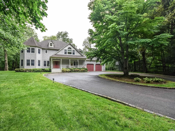 Gracious & serene curb appeal, this beautiful front porch Colonial with a Victorian flair set on over 2 lush acres. Large 2 story foyer with set back stair case. LR with wood burning fpl. Formal DR, gourmet spacious EIK opening to a large family room perfect for entertaining. 1st floor Bdr or office, full bth plus powder room. 2nd floor boasts master bdr with fpl, sitting room or office and generous master bath, 3 additional bedrooms and full bth & lau. Deck off kit & FM RM. Gorgeous& private.