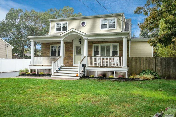 Pristine West Islip Cape says Welcome from the minute you step up onto it&rsquo;s Gorgeous Front Porch! Renovated Kitchen with Oversized Cabinets to Ceiling and Stainless Steel Appliances. Great Entertaining Island. Open Floor Plan Concept with Hardwood Floors throughout. Renovated Bathrooms. Balcony off of 2nd Floor Bedroom. Master Bedroom with Tremendous Walk in Closet and 2nd Story Laundry. 75 x 150 Private Backyard with Oversized Deck for Entertaining and Relaxing. A true Gem! Cat Art by Front Door Excluded From Listing