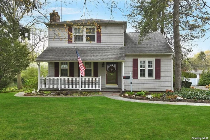 Beautifully done front porch Colonial that has a great floor plan and lovely updates throughout. Living room with fireplace opens to spacious dining room. Nicely equipped eat-in kitchen accommodates a large table. 2BRS, 1.5 baths on main floor and 2 ensuite BRs on 2nd floor include oversized primary with wall of closets & 2 WICs. LL offers large den with fireplace and bar and opens out to the backyard w/patio & shed. Convenient to all PLUS community beach & tennis rights!