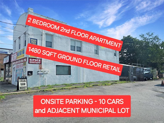 3237 Long Beach Road Oceanside NY 11572 - Mixed use building with approximately 1480SF ground level retail space, and a 2 bedroom 1, 000 SF residential apartment on the second floor. On site parking for 10 plus vehicles. Develop your own perfect location with 12, 000 SF of land. Located directly next to a 25 car municipal parking lot. Annual Taxes $20106.85. Great development opportunity for drive thru or stand alone coffee, fast food, or specialty retailer seeking main Nassau County roadway with traffic count of over 34000 personal & commercial vehicles passing. Great exposure. Additional adjacent land available (for sale by separate owner) for developer seeking greater square footage for medical facility or multiple window drive thru capability. Great demographics. Nearby Costco, TJ Max, Staples, Gap, American Eagle, Trader Joe&rsquo;s, and Advanced Auto. Excellent property for an owner/operator who wants a very visible and busy location for a retail or service business, with additional rent from upstairs 2-bedroom apartment and the storage garages.