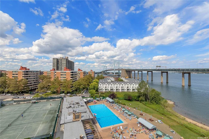 Spectacular Bridge and Water Views from this top floor Le Havre 2 bedroom apartment in Beechhurst. Rare opportunity, this apartment features a wall of windows providing abundant natural light,  Move-in ready with updated kitchen and bath, parquet floors. Enjoy your morning coffee on your own private 20 foot terrace with panoramic views of Beechhurst homes and the Throgs Neck Bridge. Resort style living Le Havre has 2 outdoor pools, 2 playgrounds, tennis courts, gym, cafe and private security. Local bus (Q15) to Flushing and Express Bus (QM2) to Manhattan. Close to schools, restaurants, shopping and Little Bay Park. Parking space readily available with transfer fee paid by the buyer.