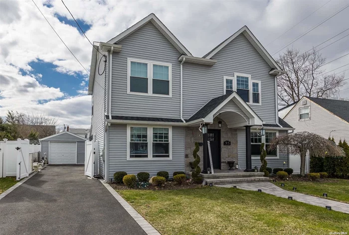 This Cape was converted into a Colonial & gutted to the studs in 2020. The driveway leads to a detached 1-car garage on side of the house. Upon entry there is a beautiful white kitchen w/an island open to the dining room. On the other side there is a living room w/stone electric fireplace. Smaller bedroom & 1 full guest bath w/walk-in shower are on main level. Large upstairs primary bedroom w/en-suite bath & jacuzzi tub. The other 2 bedrooms share a full bath. You have a full, finished basement w/outside entrance featuring a den, separate home office, laundry room, built-in playhouse under stairs & a playroom. This area can be used in many different ways. Make your way to this entertainer&rsquo;s yard through the kitchen&rsquo;s sliding doors. The covered patio has recessed lighting & ceiling fan. The plastic enclosure is coming off, leaving you with beautiful matte black pillars. The 4ft. deep lagoon, above ground pool (25&rsquo; 9 x 15&rsquo; 4) w/interior sun shelf, is a gift. Outdoor bar not included.