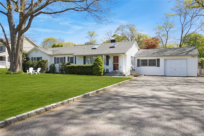 This beautiful, charming 4 bedroom expanded ranch is located in the heart of St. James. Cathedral ceilings is the first thing you notice as you enter this sunlight drenched home. A wood burning fireplace to warm you, eat in kitchen with granite countertops, large primary bedroom with 3 additional bedrooms, livingroom, den and 1 car garage. You&rsquo;ll want to spend the summers outside though in the oversized heated, salt inground pool (18x44) surrounded by pavers. Soak in the sun & nature on this flat yard, shy of a half acre. Gas cooking/heat.Anderson windows. Partial basement with outside entrance only for storage and utilities. Come see this one!