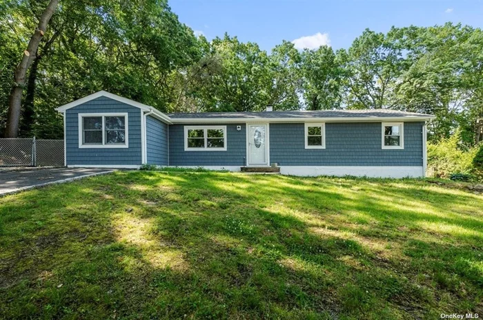 8 Room Expanded one-level Ranch built 1973 Fully Renovated Spring 2022 Inside/Out New Kitchen includes upgraded Samsung Stainless Steel Appliances Electric slide-in 5 burner stove convection bake/broil, air fry & more, French door Refrigerator w/ice maker & New Bath, all New interior flooring, New Single-layer Roof replaced plywood, New Windows, and Vinyl siding offers 1, 388 SF located on .33 acres 91.09X160 deep lot. Garage converted into Primary Bedroom with walk-in closet, open layout LR/DR/Kitchen/Den with cathedral ceilings also going into the bathroom w/skylight and access to the attic hatch. Slider off DR cement patio overlooking large fenced yard. A deep private blacktop driveway with a Belgium block curb accommodates 3 vehicles. The oversized shed provides excellent storage. A true move-in condition house!