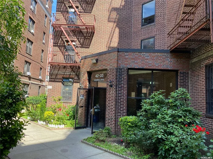 Excellent location & attractively priced to sell. Minutes to the LIRR, 7 train and downtown bus hub. Close to all major highways, bridges, and sports venues. Located in a private courtyard with lots of privacy. This is truly an oasis steps away from the hustling and bustling of downtown Flushing. Very rare 2BR unit for sale in this complex. Boasting 9 foot ceiling, 6 foot windows through out, windows in all rooms including kitchen (2 windows) and bathroom. Very bright and sunny. Hardwood floor through out. Great layout. Tremendous size close to 1000 SQF. Huge living room and bedrooms. Eat in kitchen. Make this apt your dream home with some tender loving care. Low maintenance. Friendly sublet policy.  All info deemed reliable but not guaranteed. Verify independently before purchase. Board approval needed.
