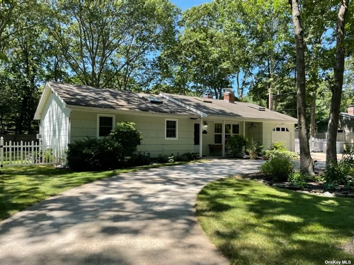 Home sweet home!! Beautiful ranch on tree-lined street. Circular driveway, mature trees & gardens. Living room has brick fireplace, large screen TV & bracket also included. Bright kitchen w dining area, laundry room and 3 season room overlooking yard. Great home office/ 3- 4 bedrooms, 6 skylights, 3 sheds, 2 air conditioning units, extra freezer. Gar.conversion to BR w pvt bath is perfect for Mom! Separate drywell for washer. Brand new heating system 9/22. All CO&rsquo;d. Floored attic w pulldown stairs. Area has so much to offer- convenient to excellent medical facilities, parkways, great restaurants. theatre, beaches, marinas, parks, shopping. Low cost docking available at Squassux Landing thru Brookhaven Village Assoc. Taxes w/Basic Star $7696.25.