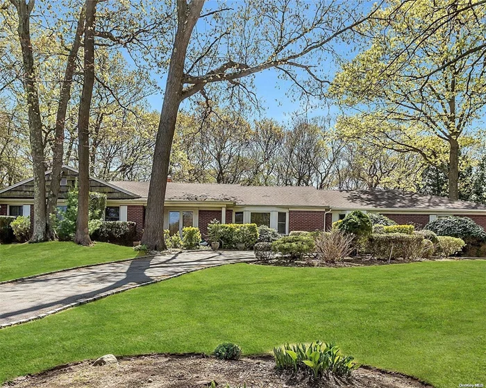 Sprawling Brick Ranch located in North Syosset at the end of a quiet cul-de-sac. Situated on 2 acres of professionally landscaped property complete with Inground Salt Water Pool, Patio and manicured yard. Circular Driveway leads to double door entry with inviting foyer. Spacious Great Room with high ceilings, skylight, fireplace and glass doors to the backyard. Eat in Kitchen with Gas Cooking and glass doors to the backyard lend to effortless entertaining. The bedroom wing is complete with a master suite plus 3 bedrooms and the fifth bedroom is on the other side of the house making it the perfect private guest room. Hardwood Floors, Full finished basement with outside entrance. Gas Cooking, Gas Heat, Central Air. New liner and new sand filter system and pool heater. Located near LIRR, airports, shopping major highways, beaches, country clubs, equestrian centers and fine dining. Syosset Schools, Berry Hill Elementary.