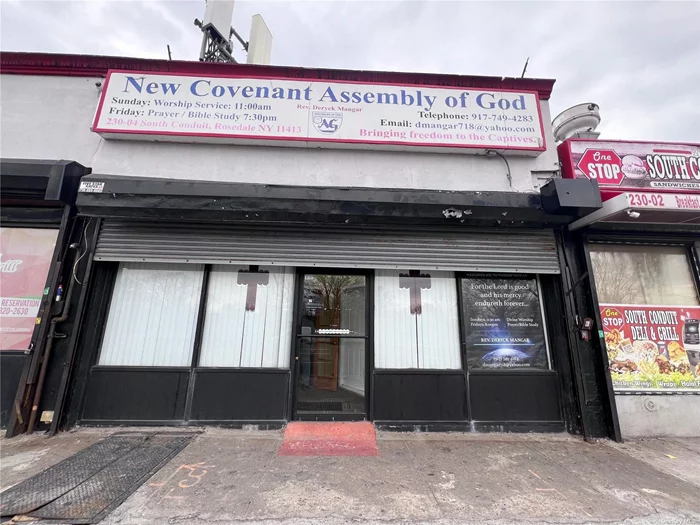 Building for Sale; Can be sold as a package deal with two adjoining building 230-06 and 230-08 S. Conduit Ave. Currently used as a house of worship; has a lot of potential as there is a lot of exposure due to heavy vehicle traffic.