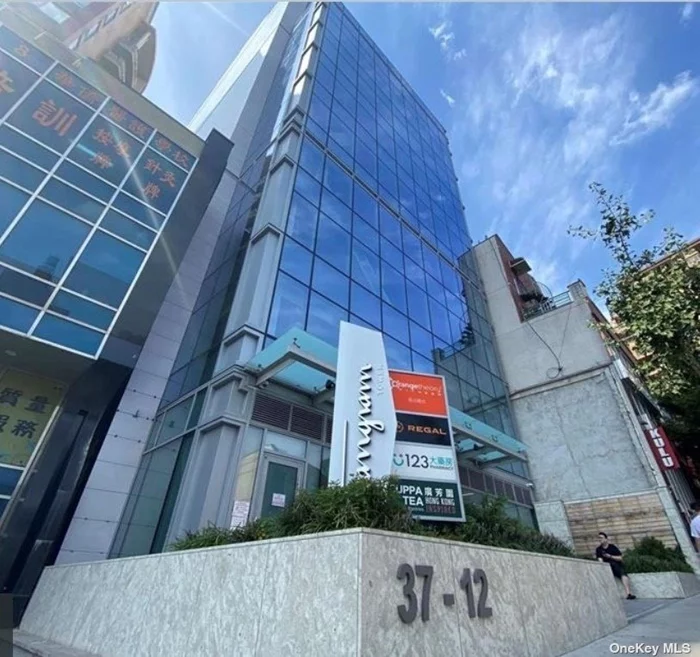 Welcome to this newly renovated Class A professional office building located in Tangram Tower in the heart of Flushing. Suite 2A is a corner unit on the 2nd Floor, approximately 2050 square feet with Southeast exposure, large, oversized windows, sunny & bright with a lot of natural light. Fully functional bathroom, sink for hand washing and reception desk area. Easy access with multiple elevator banks in the building. Space is suitable for medical office, health center, library, community service use etc. Tangram Tower office property has a 25 ICAP Tax Abatement. Located conveniently in a major commercial and retail area centered around the intersection of Main Street and Roosevelt Ave. Close to all public transportation, including #7 Subway, LIRR train station, buses, 678 highway, express bus, banks, and shopping center. Must to see!