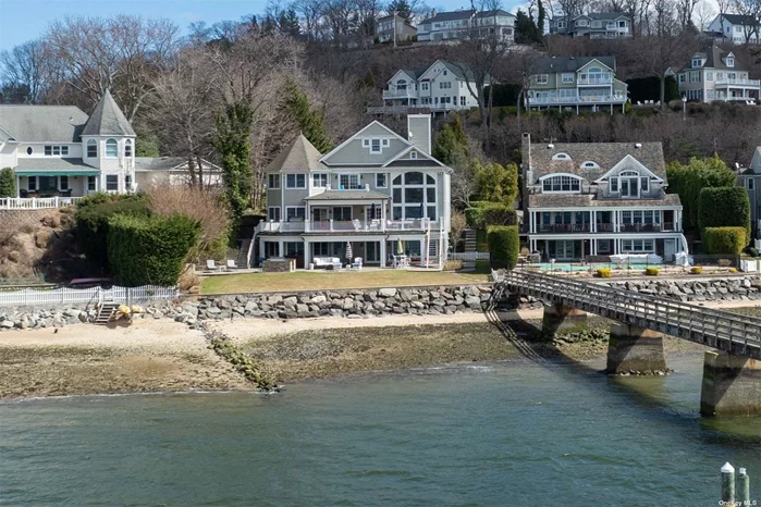 Welcome to your own private paradise!  This western facing, exquisite waterfront home built in 2000 with private dock offers a harmonious blend of luxury, tranquility, and natural beauty. Nestled along the serene shoreline of Northport Harbor, this property promises an idyllic lifestyle for those who appreciate the finer things in life. The interior seamlessly connects with the outdoors. Floor-to-ceiling windows flood the living spaces with natural light, creating an airy and inviting ambiance. Host unforgettable gatherings on the expansive deck overlooking the harbor. Picture sipping cocktails as the sun dips below the horizon. Ground level boasts bluestone patio, outdoor kitchen with wet bar, hot tub, and outdoor shower. Walk out to your own dock which accommodates five boats, including up to a 93ft yacht, shared by three homes. The primary suite whispers tranquility with cathedral ceilings and walk-in closet that has ample space for your wardrobe, shoes, and accessories. Step outside onto your own private balcony. Here, you can sip your morning coffee, watch the sunsets, and breathe in the fresh waterfront air. Four additional bedrooms offering abundant space including staff quarters. Lower level has a home gym, second kitchen, full bath, recreation room and plenty of storage. Three car heated garage where you can park your cars, store your gear, and still have space to move around comfortably. Situated just moments away from Northport Village dining and shopping, this home offers the best of both worlds-serenity by the water and easy access to amenities.