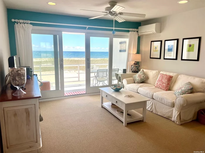 Gorgeous Furnished Beautiful Oceanfront Dune Road Co-op. Second floor unit, includes a primary bedroom with custom sliders for privacy, ocean view living room and updated kitchen/dining room, 2 ductless units, and one full renovated bath. Literally needs nothing but you and is season ready now. It boasts two decks for bay front and oceanfront enjoyment. Open 5.5 months a year. Includes wonderful amenities such as a large gated front heated pool, poolside outdoor showers and bathrooms, decks for sunbathing, 2 Bbq grills and seating for outdoor dining, parking, laundry, fantastically maintained landscaping, kayak and beach chair storage, walkway to big bay front deck platform for entertaining, and tennis court. Complex has concierge service with attendants to carry beach chairs and umbrellas for your day at the beach, steps from your home! Very low yearly fee which includes taxes, trash collection, exterior landscaping and maintenance, sewer, and water of $9600.00 total. This Co-op complex offers a delightful blend of natural beauty and local charm. Close to the revitalized Main Street Village of Westhampton Beach that has amazing fine, and casual dining, retail stores, markets, coffee houses, public library, performing arts center, and a movie theatre opening soon. Short ride to LIRR and Hampton Jitney.
