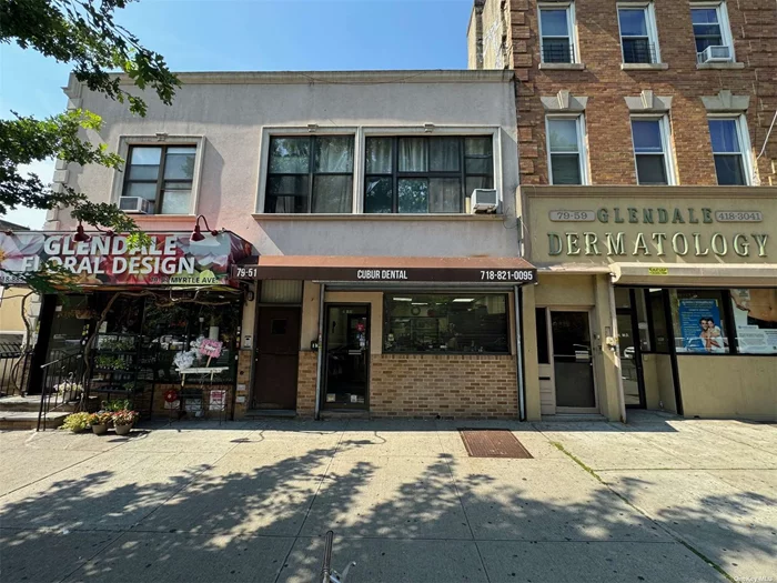 great location,  located at the heart of the commercial area in Glendale. semi-detached mix used building, The two stores front , 2 of 2 bedrooms apartments, 2 cars garage. Lots of foot traffic. The second floor is a 2 bedroom apartment. lot size 34x100.92, Zoning for C1-3, R5B,  flower store building size is about 17x54, dental lab store building size is 17x78; high ceiling basement,  Close to park, shops and restaurants. 4 electric meters, 4 gas meters,  Close to the Q29. Within feet of exit 4 of the Jackie Robinson makes this a prime location for convenience. great opportunity for any kind of business