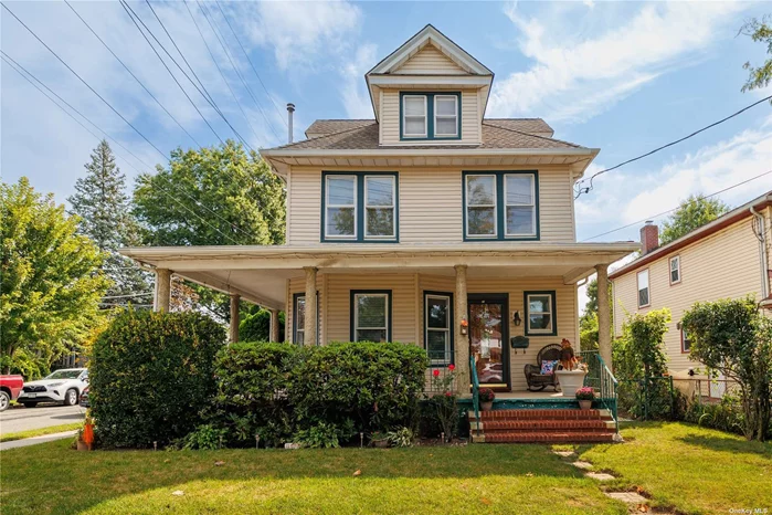 Welcome to the Village of Floral Park! Move right into this stunning 1912 Victorian with tons of vintage charm plus all the modern amenities you could want. From the welcoming front porch, you will enter a gracious foyer with gleaming hardwood floors. The beautiful living room has a cozy pellet stove and the gorgeous formal dining room (those windows!) even has a first floor laundry/pantry. The renovated eat-in kitchen features granite counters and stainless appliances. The extension has a fabulous den with gas fireplace, powder room and mudroom that leads to a lovely rear deck to enjoy your morning coffee in your private yard. Upstairs, there are three nice sized bedrooms, another bedroom/office, renovated full bath and a finished walk-up attic with plenty of storage (or a potential 5th bedroom). The side entrance leads to a fully finished basement with lots of storage, another full bath and utilities. This beautiful home even has ductless ACs and a two car garage (driveway on King Street). Part of the esteemed Floral Park-Bellerose school district - John Lewis Childs Elementary and Floral Park Memorial Middle/High School. Come make this your new home!