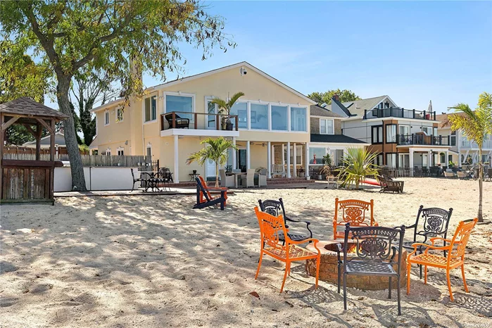 Rare One of a Kind Luxurious Waterfront Legal Two-Family Home in Bayville with Expansive Private Beach! Tucked away at the end of a serene cul-de-sac on the Long Island Sound, this extraordinary two-family, 5-bedroom, 2-bath waterfront home offers a rare opportunity in the highly sought-after Bayville beach community. With just over 105 feet of privately owned beachfront, largest in the area, this property is a rare and perfect oasis for tranquil, beachside living, only 45 min from Manhattan, bring the Hamptons to Nassau!  The main floor, with entertainers open floor plan boasts a beautifully designed gourmet eat-in kitchen with substantial island, vaulted ceilings, skylights, radiant heated floors and balcony to enjoy a morning cup of coffee overlooking your private beach. The adjacent dining area opens into a sun-filled living room with breathtaking panoramic views of the Long Island Sound through the wall of windows and complemented by soaring ceilings which flood the space with natural light. This level also includes three spacious bedrooms and a modern full bath, creating the ideal layout for comfort and luxury. The lower level, which can function as a separate living space, offers two additional bedrooms, a fully updated eat-in kitchen with radiant floors, and a cozy living room complete with a fireplace and sliders that open to a covered patio. Step directly onto your own private beach from this floor, ideal for relaxed waterfront living. With several decks perfect for outdoor dining and entertaining, this home provides an unparalleled setting to enjoy magnificent sunsets over the water. This waterfront gem in Bayville offers an exceptional combination of luxury, privacy, and natural beauty with direct beach access for unparalleled waterfront living.