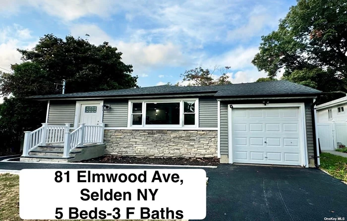 LOCATION LOCATION!!!** NEWLY RENOVATED RANCH STYLE HOME SITS ON 81 ELMWOOD AVE, SELDEN NY ON A 7, 405 SQFT LOT SIZE, ENJOYS A SUNDRENCHED MODERN KITCHEN THAT FEATURES SOLID SHAKER WALL/BASE CABINETS, QUARTZ COUNTERTOP, APPLIANCES INCLUDING A FRIDGE, COOKTOP COOKING, MICROWAVE, DISHWASHER, OVEN IN-BUILT, THE MASTER BED WITH A FULL STANDING SHOWER FULL BATH AND SUITABLE FOR A KING-SIZE BED, THE SECOND BEDROOM IS A QUEEN-SIZE BED, THE THIRD BED IS FULL/TWIN SIZE BED, BEAUTIFUL BRIGHT W/NATURAL LIGHT HOUSE, LARGE WINDOW IN A FORMAL LIVING, FORMAL DINING ROOM, FULL TUB BATHROOM ON THE MAIN FLOR. BASEMENT FEATURES: FULL FINISHED BASEMENT, KING-SIZED BED, LARGE LIVING ROOM, DINING AREA, SUMMER KITCHEN OR WET BAR, FULL STANDING SHOWER, OUTSIDE ENTRANCE, OSE, BRAND NEW DRIVEWAY WITH PAVERS AROUND IT, THIS HOME BOATS A PRIME LOCATION THAT PROVIDES EASY ACCESS TO SCHOOLS, PARKS, AND SHOPPING CENTERS, 15 MINUTES FROM THE BEACHES, AND MAJOR TRANSPORTATION ROUTES. LOW TAXES AFTER STARTING AT $ 7, 440 !!!THIS LOVELY HOME IS GOING QUICKLY, WE LOOK FORWARD TO YOUR VISIT. DON&rsquo;T MISS OUT ON THE OPPORTUNITY TO MAKE THIS RENOVATED HOME YOUR OWN, THREE BEDROOMS, THREE FULL BATHROOMS, LIVING R, DINING R, MODERN KITCHEN, FULLY FINISHED BASEMENT, WITH TWO BEDROOMS, FAMILY ROOM, LAUNDRY,  FULL BATH, PRIVATE ENTRANCE TO THE BASEMENT, ONE CAR ATTACH GARAGE, COZY DECK FOR YOUR ENTERTAINMENT AROUND THE YEAR,  WALKSIDE AND BRAND NEW DRIVEWAY LINED WITH NICOLOCK STONE RIDGE, PVC FENCE ON THE FRONT OF THE HOUSE AND PVC FENCE ON RIGHT SIDE OF THE BACK YARD AND ENOUGH SPACE FOR A POOL!! TO MUCH TO LIST!!!