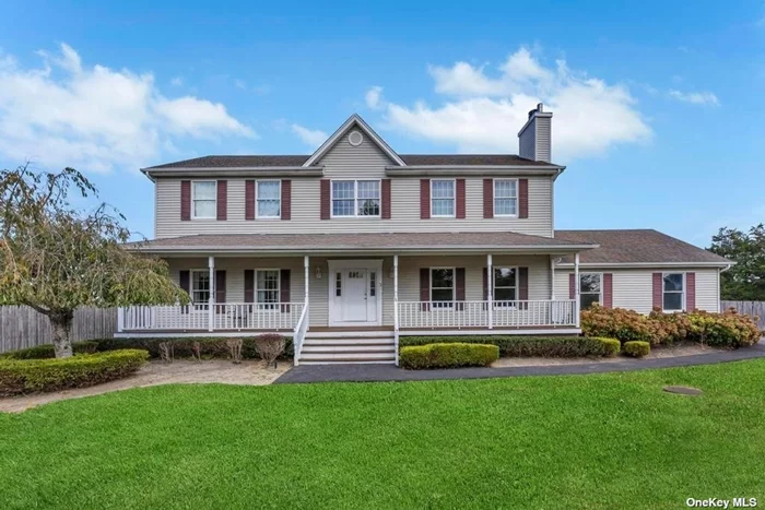 Welcome Home! Almost 5000 Sq feet (includingfinished basement) This stunning 4 bedroom, 4 bathroom Colonial in Manorville, on almost 1 acre,  is located in the desirable school district of Eastport- South Manor. Tucked at the end of a cul de sac, this is the dream home you&rsquo;ve been waiting for with hardwood floors and tons of bright light throughout! When you step into the foyer with cathedral ceilings, you can see this incredible natural flow on the main level, from the family room to the den, through the dining room and kitchen. The renovated kitchen, just 2 years young, features custom cabinets, ceramic tile backsplash, quartz countertops, stainless steel appliances, a center island, coffee bar and pantry with serene views of this country club like backyard.  As we head upstairs you will find your own private primary en-suite and walk in closet. There are also an additional 3 more spacious bedrooms and one full bathroom. The full finished basement the size of the main floors allows for additional entertaining, recreation and living space. Through the kitchen sliding glass doors, step into the backyard oasis featuring an inground pool and an incredible .91 acre property that has all you need to make this your own luxurious entertaining space for rest and relaxation. It&rsquo;s ready for you to call it your own.