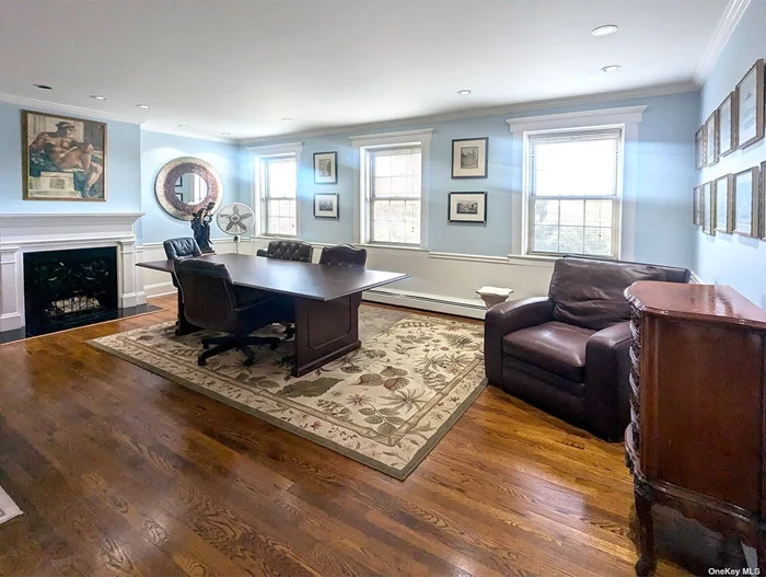 Beautiful, fully renovated office with tons of natural light overlooking the Garden City Library. The space boasts a spacious open floor plan with hard wood floors, wainscoting, hi-hats, custom built ins, decorative fireplace, kitchenette and private rest room. Move in ready.