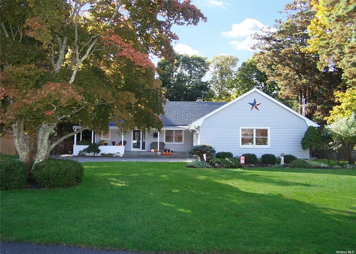 Charming Farm Ranch Home in South Country Shores. This spacious 3 bedrooms Farm Ranch with an inviting, open floor plan perfect for relaxed living and entertaining. The primary suite is conveniently located on the first floor, offering privacy and ease. A stunning two-sided wood-burning fireplace is the heart of the home, adding warmth to the open living and dining areas. Hardwood floors flow throughout, creating a timeless appeal. 2nd floor has 2 bedrooms with sitting area/office. This home boasts many updates including a bathroom, central air, heating system, and roof. (see attachment for more detail) The two-car, side-entry garage provides both convenience and curb appeal. The backyard is a true retreat, featuring a tranquil, fenced-in setting ideal for outdoor gatherings. This property is a rare find, combining classic ranch style in a peaceful location. (excluded from sale weather vane)