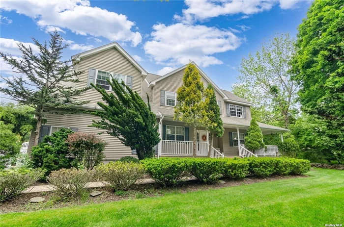 Stunning Victorian in the heart of East Moriches. This meticulously landscaped home sits on 1.25 acres down a private road with only 4 homes. This one of a kind custom home features 2 primary EnSuites with full baths, 2 large additional bedrooms, additional full bath and 1/2 bath, Great room with vaulted celling and beautiful wood burning fireplace, Formal dining room, Eat in Kitchen, Mud room/Laundry room, Hardwood floors, Central Vac and surround sound. Recent updates include 4 year old Central air unit, brand new appliances, fresh paint, renovated 1/2 bath and backsplash. Full Basement with OSE and fresh paint, In ground salt water heated pool with new loop loc cover. If you are looking for privacy this is the home!