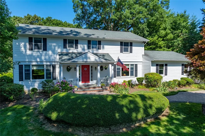 Welcome to this timeless Center Hall Colonial, situated on a serene tree-lined cul-de-sac. This exquisite home boasts oversized entertaining spaces, seamlessly blending classic charm with modern updates. The main level greets you with a bright and inviting living room, a formal dining room perfect for hosting, and a sunlit sunroom with radiant heat is ideal for relaxation. The spacious family room, complete with a cozy wood-burning fireplace, flows effortlessly into the oversized chefâ€™s eat-in kitchen, outfitted with stainless steel appliances and abundant storage. A convenient mudroom, laundry room, and a full bath with radiant heat flooring add practicality and comfort to the first floor. Upstairs, the luxurious primary suite offers a walk-in closet and a spa-like full bath, providing the perfect retreat. Three additional generously sized bedrooms share a well-appointed full bath, completing the second level. Updates include Anderson windows, Hardi plank siding, roof, and central air conditioning, ensuring peace of mind and modern efficiency. Set on just shy of 2 flat acres, the professionally landscaped grounds feature an in-ground heated saltwater pool, creating a private oasis for outdoor enjoyment. Conveniently located close to train stations, major parkways, and the vibrant villages of Cold Spring Harbor and Huntington, this home offers the best of suburban living. Optional access to Eagle Dock & Beach (fee required) enhances the lifestyle appeal. Incredible opportunity in a perfect location!