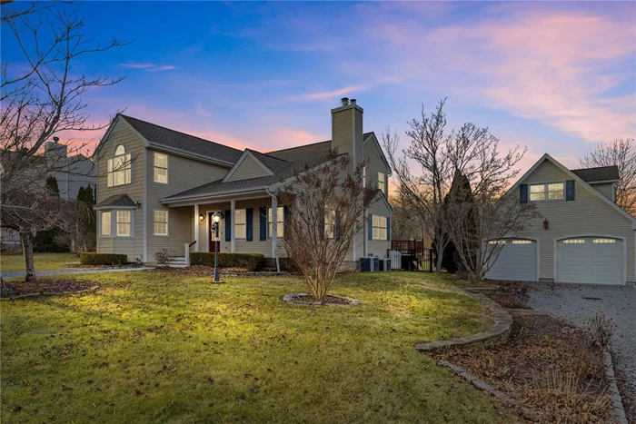 Aquebogue, North Fork family home with preserved farm views!! This pristine Farmhouse boasts a front porch and rear deck with covered porch for seating in the shade or sun and room for all! Spacious eat in kitchen with island open to living room with gas fireplace for added warmth and ambiance! Large additional room on first floor as flex space for first floor bedroom or craft or family room! Primary bedroom ensuite bath and walk-in closet, plus additional 2 bedrooms and full bath. Hardwood floors, stainless steel appliances and a detached 2 car garage with unfinished 2nd floor. Ideal art studio or dedicated home office! Soak in the pool and indulge in the many farm to table restaurants and eateries, beaches, marinas, wineries and craft breweries. Established gardens with beautiful colors are all waiting for you here!!!