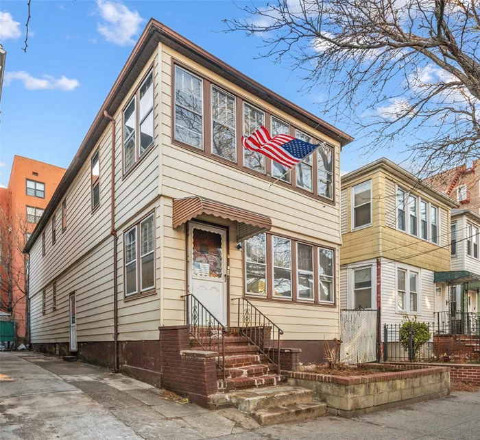 Det. frame 2 family 5/5, open basement w/side entrance, on 24x100 lot, long backyard, original condition sold as-is, R-5 zoning on quiet center of block, 2 short blks to #7 train station, close to schools and shops. Includes 2 common driveways. Easy to configure layout for full renovation. Be Delivered vacant to smart user/builder or investor.