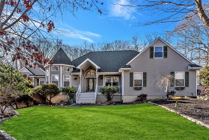 Welcome to 9 Bayberry Road in Wading River! This meticulously maintained ranch-style home is nestled on a beautifully manicured, fenced yard spanning .96 acres. Enjoy the added privacy with a large buffer of property behind, including Police Officers Memorial Park. Enter into the inviting front porch and enter the open concept layout featuring a cozy living room with vaulted ceiling and wood-burning fireplace, seamlessly flowing into the formal dining area and beautiful kitchen, perfect for entertaining. Retreat to the primary room with a fully updated primary bath and walk-in closet, along with two additional bedrooms and another fully updated bath. The property also boasts a two-car attached garage and a full basement with utility access and a outside entrance option, ideal for expanding living space with proper permits. Outside, relax and entertain on the two-level deck overlooking the pool and nicely landscaped yard. Conveniently located near beaches and golf courses, this gem of a home is truly a must-see!Call Javier (347)279-3350