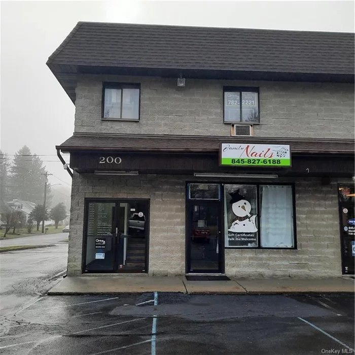 Prime Route 32 Store Front with plenty of parking at beginning of the Business Hamlet of Central Valley, less than 1/2 mile from Woodbury Commons. Enjoy being part of a busy strip mall, with eateries, bar and local service businesses. This 540 SF storefront is ready to go, was a nail salon (all equipment is available for a user). Perfect coffee shop, professional office, hairdresser, or more. The rent includes everything except utilities. There is a rear access door for deliveries, and extra storage in the basement, if needed. Move your business today and enjoy the traffic count of Route 32. Affordable and ready to move into.