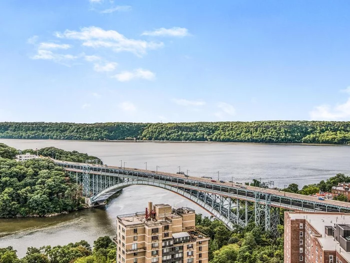 Looking for spectacular panoramic views? Enjoy beautiful sunrises and sunsets from this top floor corner apartment with views of the Manhattan skyline, George Washington Bridge, Harlem River, Hudson River and the Palisades. Spacious apartment features two bedrooms, two bathrooms with open and bright living room and dining room with oversized windows. The pass-through windowed kitchen has new custom cabinets and lots of counter space. Both bathrooms have been recently updated, new wood floors throughout apartment and huge closets. Maintenance includes gas, electric, central A/C, basic cable and pool. Well maintained Luxury 100% owner occupied coop building has 24-hour doorman, concierge, heated seasonal pool, private playground, laundry room, community room and fitness room. Conveniently located next to shopping and transportation. This gem will not last! Call today for an appointment