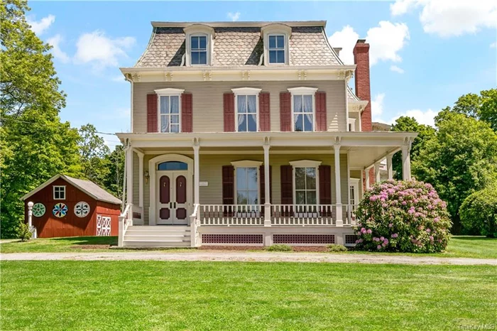 Majestic & historic Victorian home set back on gorgeous 5.7 acres with Hudson River views from the upper levels & roof (3rd floor has roof access through staircase-but do NOT go up to Roof). Drive through the stone pillars onto the circular driveway to the main entrance. Relax on your wrap around front porch or sit out on your covered rear porch and admire your expansive grounds. Tremendous opportunity to own this unique property. Use your vision to restore and enhance the special features throughout, such as period moldings, archways, wide plank floors, plaster walls, high ceilings & ceiling medallions, window seats, built-ins, etc. Much of the house has been freshly painted. With 6 Bedrooms, plus an office, there is room for everyone. There are hidden spaces and deep closets throughout the house. Recent improvements include: Hot Water Heater 2022; New boiler 2013; Septic cleaned Aug. 2023; One working fireplace in LR plus a working wood burning stove in the Breakfast Room/Sunroom. Other FPLs are decorative. Stone & Brick foundation. Cellar access from basement stairs & also from outside Bilco doors. Please read the 16-page property history attached for historical details about this special home, and the updates made pre-1961 and in the 1960s and 1970s after the current owners took occupancy. Separate Barn as is with two sections: Front Barn room has workshop, electricity and a loft; rear Barn room used for storage. Property priced to reflect condition. House needs work but has great space and with 5.7 beautiful acres, a worthy investment to renovate. Being sold as is. Note: there are no restrictions due to the local Historical Society nor National Registry historic designations.