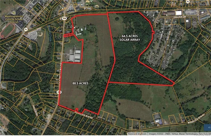 Largest vacant land parcel left in the Village of Washingtonville with WATER AND SEWER. There are two contiguous parcels. 121-1-1.1 is 88.5 acres and the contiguous parcel of 64.5 acres is SBL 119-1-1.1. There was a full engineered plan done in the late 2000&rsquo;s for an age restricted high density housing development. Solar lease in place on the 64.5 acre property, which brings in $30, 000 yearly and has yearly bumps in rent for 30 years. There are two concept plans, one showing multi family and the other commercial. Village is presently in a moratorium. All information is in documents. Seller is keeping the old farmhouse and one outbuilding on new SBL 118-1-4, which is 3.43 acres.