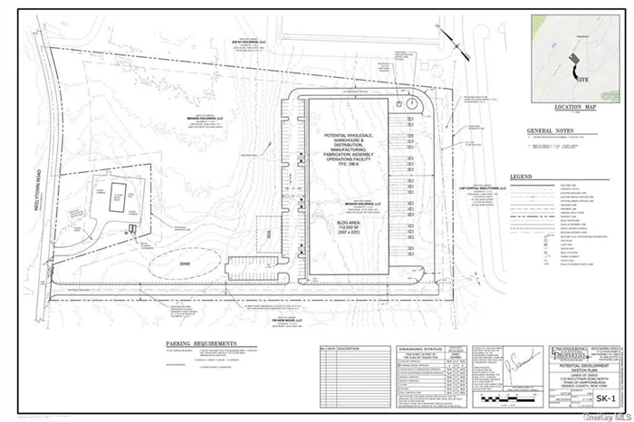 Industrial Development Opportunity for Owner/User to build/own +- 125, 000 sf distribution warehouse. 14.2 acres vacant land in the T/O Hamptonburgh Industrial (I) zone. Raw land, purchaser responsible to obtain Town approvals, call for details. Owner will allow for due diligence time but will not sell subject to full approvals at this price range. Conceptual plan prepared by local engineer in pictures and Documents (only shows 112, 500 sf but may be possible to make larger or smaller if desired) for review. Great opportunity for an end user to purchase and obtain approvals to meet their specific criteria/requirements or developer investment. No municipal water/sewer available in this location, will be serviced by well and septic. Natural Gas is available. Great location very close to I-84, NYS Thruway and just over 50 miles from NYC. 3200 sf building in picturse also available for $925, 000. Relocate your company to thriving Orange County in the beautiful Hudson Valley!