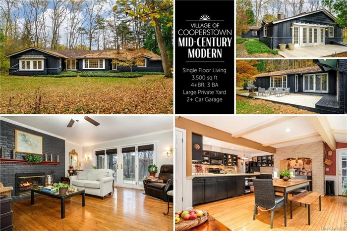 Distinctive Cooperstown rambler, true mid-century classic American home. 6+ ac near Otsego Lake. 1-story brick offers open concept layout in tranquil wooded setting. 4 bdrms, 3 bthrms,  hm offc, 2 decks. Elegant lvng rm w handsome black brick hearth & doors to deck. Prmry ste private retreat w bath, hall of closets & doors to deck. Formal dng rm w bespoke red fabric wall treatments & window to wooded acreage. Well-designed kitchen w chef&rsquo;s dream peninsula, copious counter space & freshly painted glass-door cupboards. Spacious bkfst area, w windows. Sunken family room, library-themed guest bdrm, + full bathroom. Laundry, storage, a full bsmnt & 2-car+ dtchd grg. Wooded acreage creating sense of total privacy, (invisible fence). Near Leatherstocking Golf Course & Otesaga Hotel, The Farmers&rsquo; Museum & Fenimore Art Museum, shops, bars, & restaurants,  The Baseball Hall of Fame, & Alice Busch Opera Theatre/Glimmerglass Festival. Close to everything, yet, w a great sense of privacy.