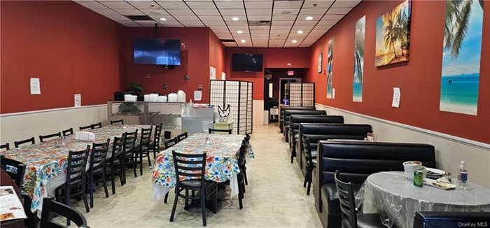 Come and see this beautiful well-kept and operating Restaurant in Orangeburg NY. Restaurant is located in Town Plaza II strip mall with plenty of parking space. Restaurant is to be delivered with all equipment and appliances (stainless steel). Tables, booths and chairs are included. Dine in restaurant with bar. Comfortable environment for enjoyment. There are two huge restrooms for the comfort of customers.