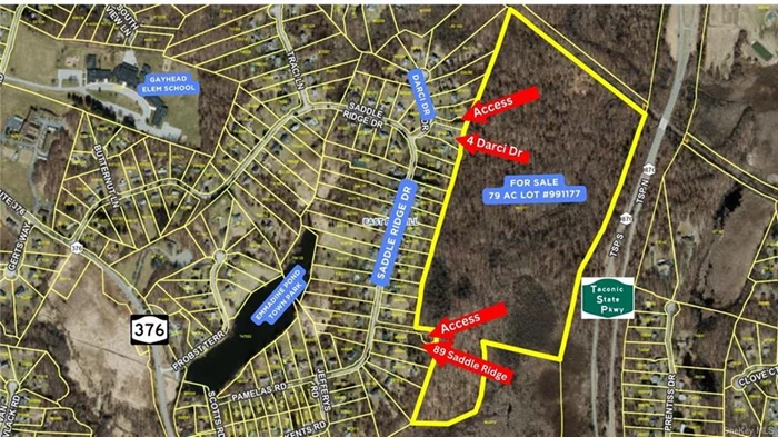 Exceptional 79 acre residential development opportunity in highly desired East Fishkill Town in New York! There is potential for development of 27 lots (according to a recent feasibility study, survey available). Bordering Taconic State Parkway to the east, (easy commute to NYC & Albany) and close to Rt 376 and established housing development on Saddle Ridge Road to the west. Additionally, it&rsquo;s close to Gayhead Elementary School, Emmadine Pond Town Park, and local amenities, offering unparalleled accessibility, a critical asset for any successful development project. Potential for two entrance/exit lanes from Saddle Ridge. Priced to sell.  Also available for sale nearby is a 19.5-acre mixed use/commercial parcel, with over 400 feet of Route 52 frontage. (MLS #6294152)