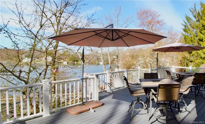 Stunning water views of Lake Mahopac from this mint condition home, complete w/private lakefront strip (separate deed, tax # 64.12-2-44... only 3 homes share, splitting taxes of the lakefront land: $1, 071 per family for 2024). Boat, fish, swim or water ski - just in time for summer! Entertain on large front deck w/year-round lake views. Gorgeous details throughout. Lovely hardwood floors. Living room w/stone fireplace, wood plank vaulted ceilings & amazing floor-to-ceiling windows overlooking the lake. Custom granite center island kitchen w/SSTL appliances, skylight & door to back patio. Large dining room. Additional balcony off BRs upstairs offers more lake views. Primary BR w/skylights boasts beautiful updated bath w/large walk-in shower. Two more spacious BRs + full hall bath w/double sink vanity. Slider walk-out to back patio from spacious family room. Large & bright home office also has lake views. Great heated workshop w/door out. Taxes do not include STAR Deduction