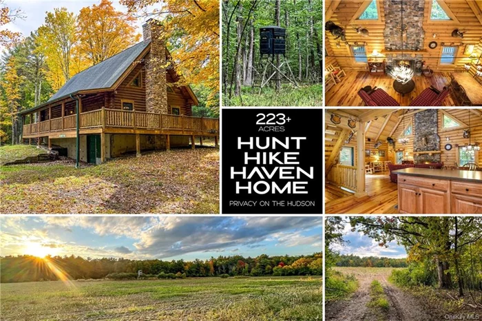 Safety, serenity, and seclusion -- ultra-private 223+ acre retreat on the hillsides of the Hudson River. Custom-built, true-log home in the Hudson River highlands. 2 ponds, 350 square foot deck. Cathedral-like lodge w open living-dining-kitchen. 25&rsquo; fieldstone wood burning fireplace. 2 bds main floor, full ba. Upstairs, master suite w private bdrm + full ba, & office loft. Full finished basement w guest room, laundry and a half bath AND storage w drive-out doors. Forced hot air and central AC. Property is tax-advantaged w ag AND 480-a exemptions. Main drive is more than a mile as it curves through the property - more off-road trails provide further access to the 2 deeded parcels, including 5 high-mounted blinds and actively farmed fields. Close to Hudson, Chatham, Kinderhook and Catskill and Amtrak Empire Service.