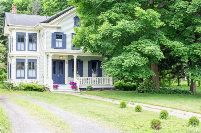 1836 Colonial in the Village of Kinderhook. Set back from the road with a private yard planted with specimen trees and lovely gardens. Freshly painted exterior and interior. Covered rocking porch extra deep for summer nights. Double doors welcome up to a lovely staircase and banister. Double parlors with high ceilings and wonderful detail. Wood burning fireplace. Wood floors throughout. Butler&rsquo;s pantry with original built ins and wainscoting . Perfect for coffee bar, wine bar or plants. New kitchen with handmade Dutch tiles, white cabinetry and great working island. Pantry with new penny tile. Four bedrooms upstairs. Large primary with upstairs balcony perfect for morning coffee. Office and dressing room in primary. Lovely gardens. Post and beam barn. Backs up to Columbia Cty Historical Society.