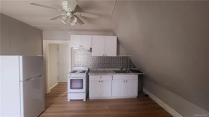 This Third Floor Two Room Studio With Bath Is For Rent And Includes Heat And Hot Water. Rental Unit Is Ready To Go Displaying :A Cozy Eat In Kitchen With Built In Drawers, Ceiling Fans And A Spacious Bathroom. Available Immediately!