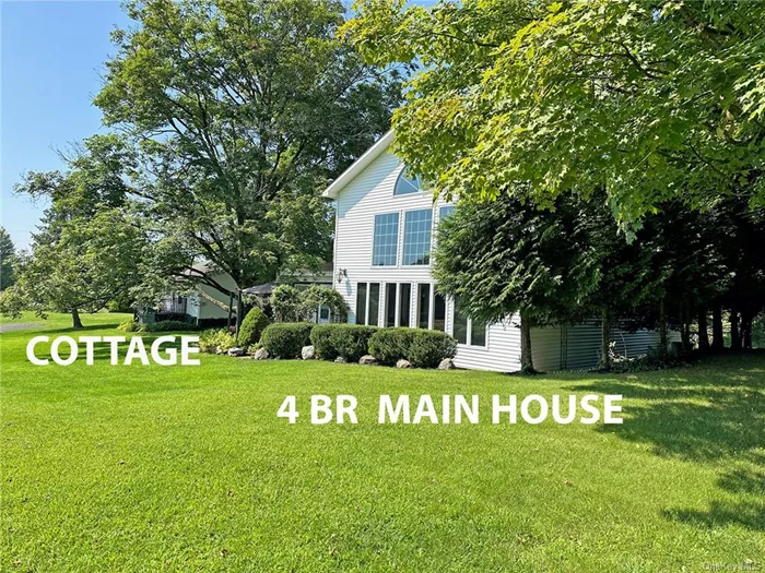 Drive down a long, long, charming country lane (that you own and the town plows!) to almost 6 bucolic acres of farmland with a big red barn and room for 1-8 horses, a separate cottage, and a dappled view of the Hudson River. This unique farmhouse style home was re-imagined from it&rsquo;s original 1948 build with an added 1, 500 sq. ft contemporary central Living / Dining Room (c. 2000). This massive room has a cathedral ceiling and provides room to entertain dozens of friends and family while gazing out a wall of windows that frame the river and the beauty of nature in every season  a view that becomes a constant element of your daily lifestyle. Alongside this large open space sits a cozy library/den anchored by a hand-built river stone fireplace, flecked with crystals, providing a place to relax after horseback riding, boating, skiing, or just as a quiet reading room. The country kitchen is just off this meditative space and boasts connectivity to a back patio for BBQing and to the dining room through an over-the-sink breakfast bar pass-through, making entertaining easy and fun. Just off the kitchen is a full bath and stairs up to a vaulted main bedroom suite where a vaulted private feel abounds. There&rsquo;s a first floor guest bedroom off the den, or drift up the grand front staircase in the living room to 2 more large light filled bedrooms. Yes, this 4 bedroom home is fanciful and creative...but that&rsquo;s not all. There&rsquo;s a 1 bedroom cottage (650 sq. ft) next door to use as a rental, a home for extended family, or as a romanic guest cottage. This property has been in the family for decades and is awaiting your personal touches. The current owners had horses in the past and the 3 story barn (2, 500 sq. ft.) is a testament to slower, calmer times. Additionally, there is the potential to subdivide a 2 acre parcel off this lot (with town approval) or to use these fields for a paddock or as a gentle-person&rsquo;s farm. The road dead-ends just beyond this property and makes for a quiet landing while being close to everything Saugerties and the Catskills has to offer. Just 3 miles to Horse Shows In the Sun (HITS) and Malden&rsquo;s public boat launch, and minutes to Saugerties & Catskill villages, while only 2 hours from NYC. Enjoy skiing at Hunter or Windham, antiquing in Hudson, or dining at some of the great restaurants in both Rhinebeck and Saugerties and other quaint surrounding towns. Make sure you take a walk around this tranquil property  a pleasure to see and show.