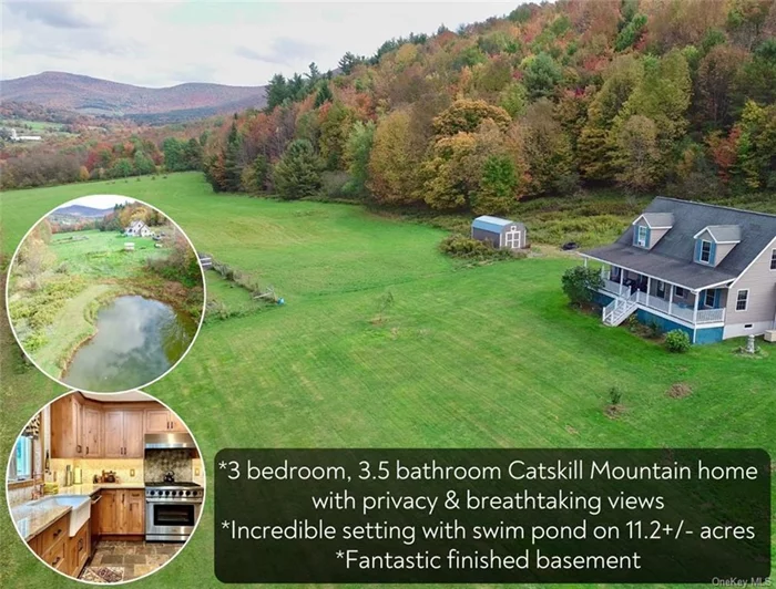 Nestled on 11+ serene mountain acres on 2 parcels, this stunning 3-bedroom, 3.5-bath Cape Cod offers the perfect blend of modern luxury & rustic charm. Enjoy sweeping panoramic mountain views, fields, handcrafted arbor, gazebo, swim pond, & 1/4-acre garden, all enhancing this unique property. Recently upgraded with over $100k in improvements, the home features a tastefully curated modern-rustic aesthetic w/a touch of coastal flair. The kitchen is a chef&rsquo;s dream, complete with Thor appliances, marble counters & slate floor. The 1st floor provides effortless living, w/welcoming entry, 1/2 bath, laundry, spacious living & dining rooms, & tranquil primary suite w/walk-in closet, en-suite bathroom w/double vanity, vessel sinks, jetted tub, & Sunlighten sauna. Upstairs, 2 more bedrooms boast charming architecture, ample closet space, & window alcoves, w/full bath. The finished basement offers a bar, office, bath, utility & storage rooms, & open space for your needs.